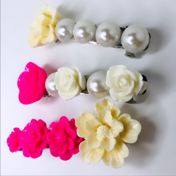♡ 2 for 20$ ♡Pink Pearl Flower Hair Barrette Clips - Picture 3 of 7